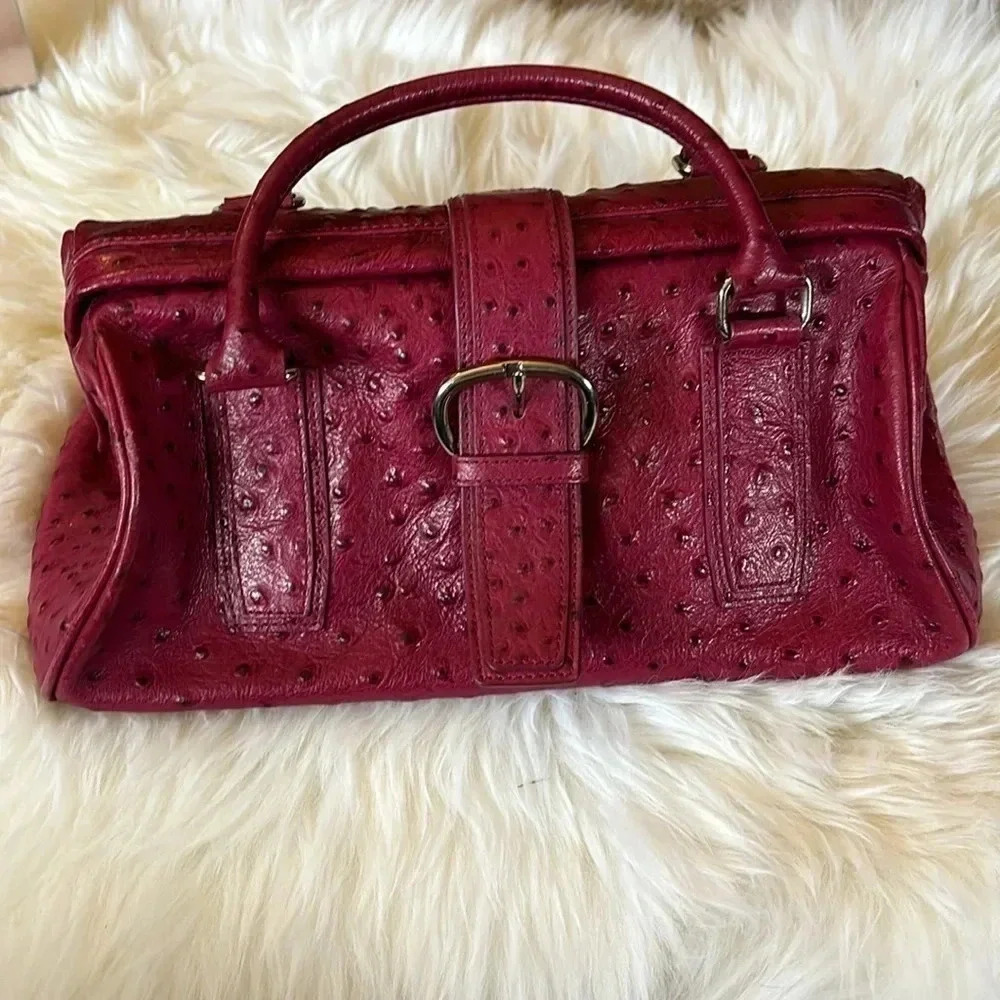 Red Ostrich-Texture Top-Handle Satchel -